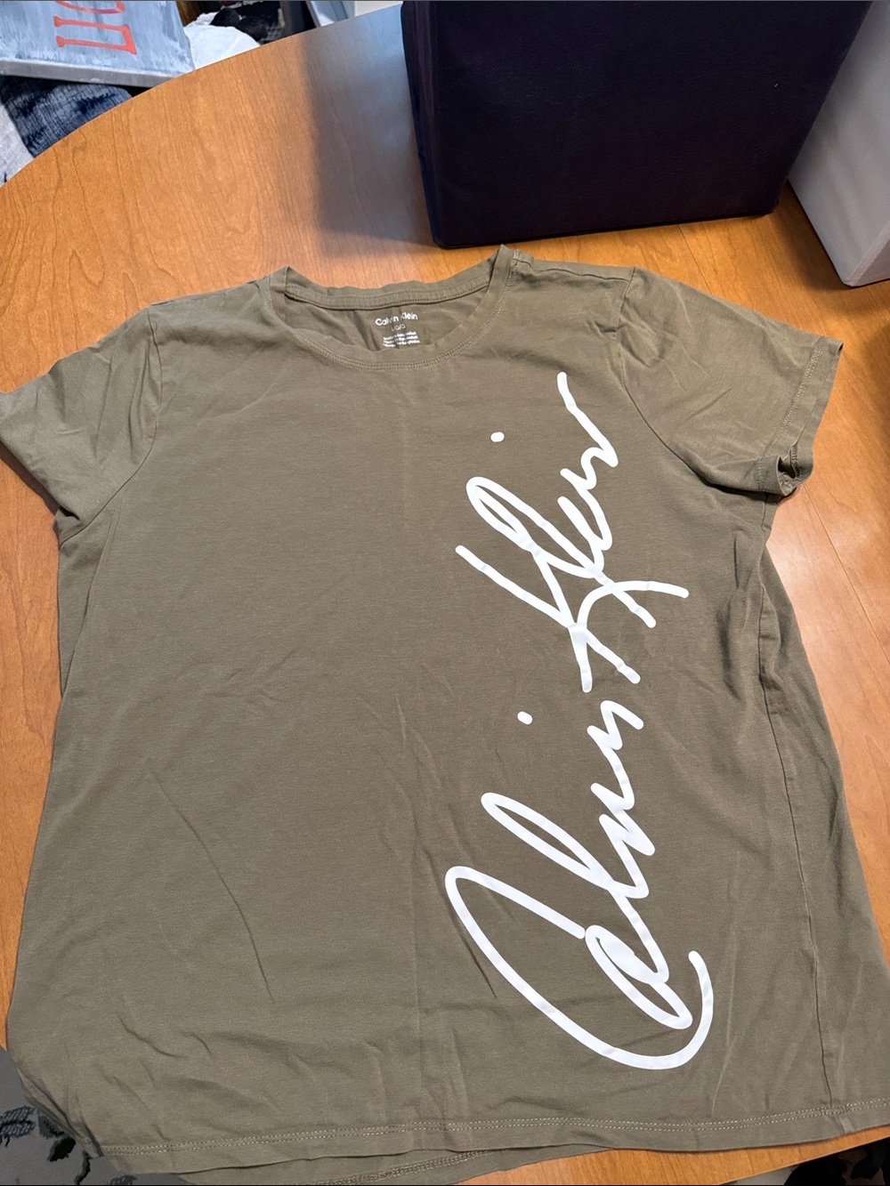 Calvin Klein Olive Green Tee with White Script Logo